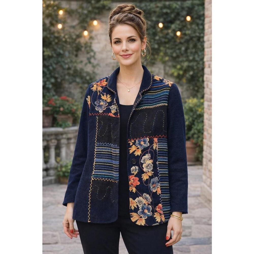 Vintage White Stag Patchwork Lined Blazer Navy Floral Artsy Jacket Boho Chic, Lg
